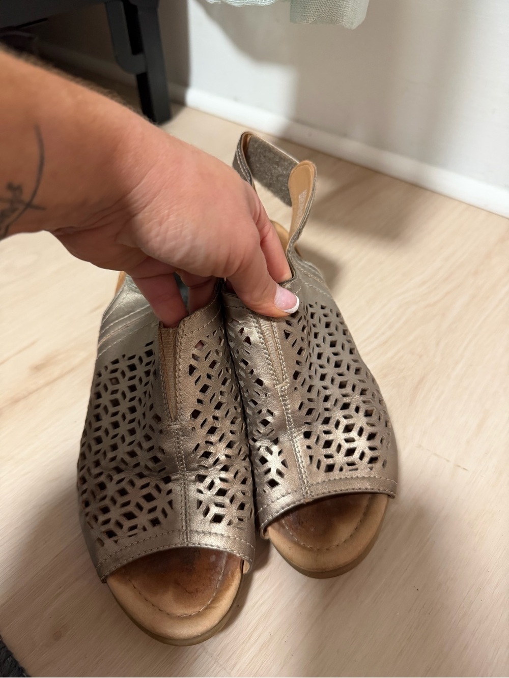 Earth Metallic Taupe Laser-Cut Slingback Sandals